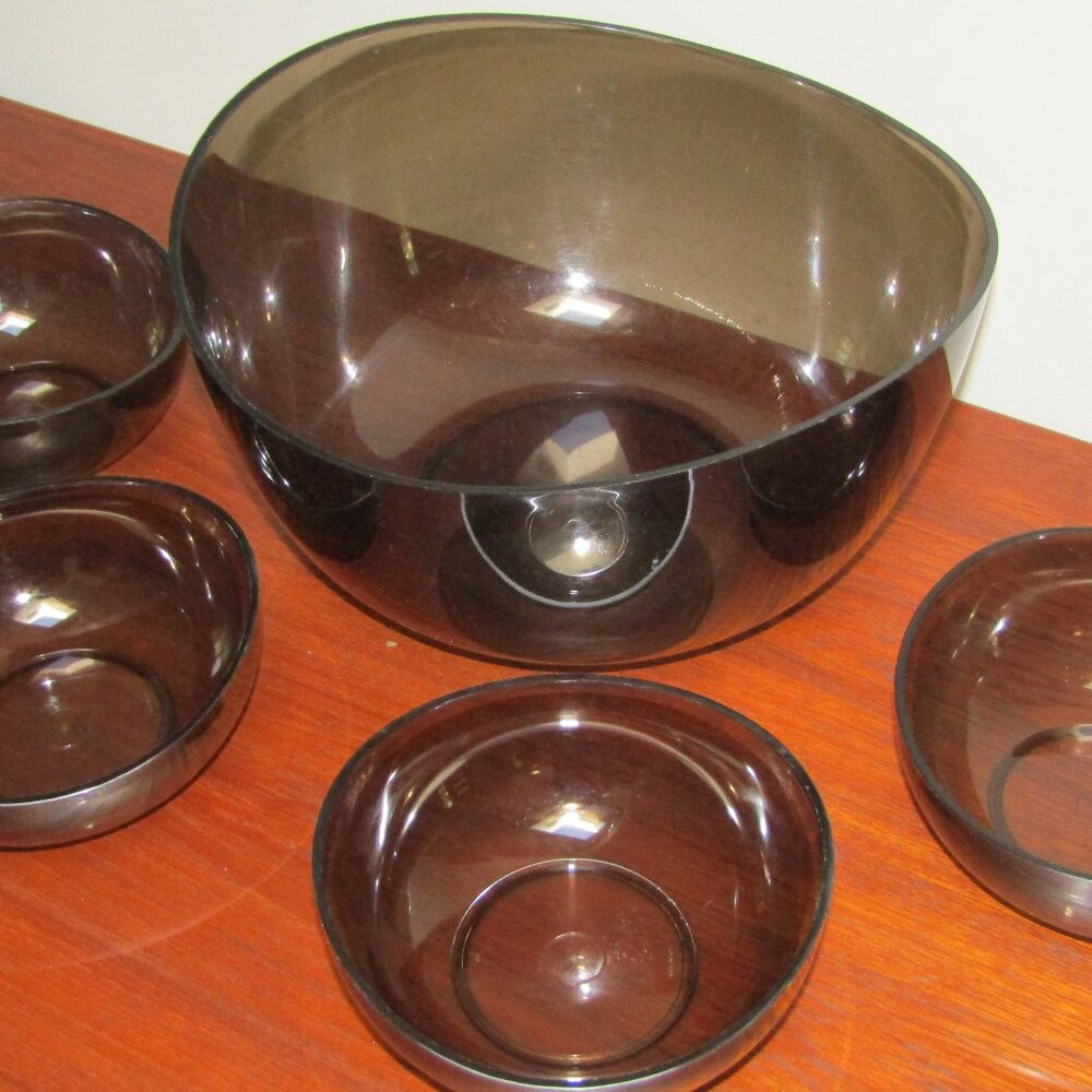 Vintage MCM 5pc Smoked Lucite Salad Bowl Set - Asymmetrical Swoop Serving Bowl